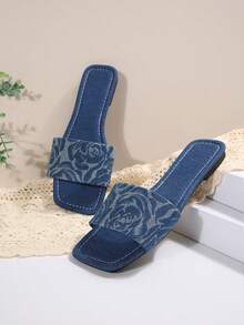 Sandalias planas de mujer con punta cuadrada y diseño estampado, estilo casual de vacaciones para uso en exteriores - Azul - Ver 6