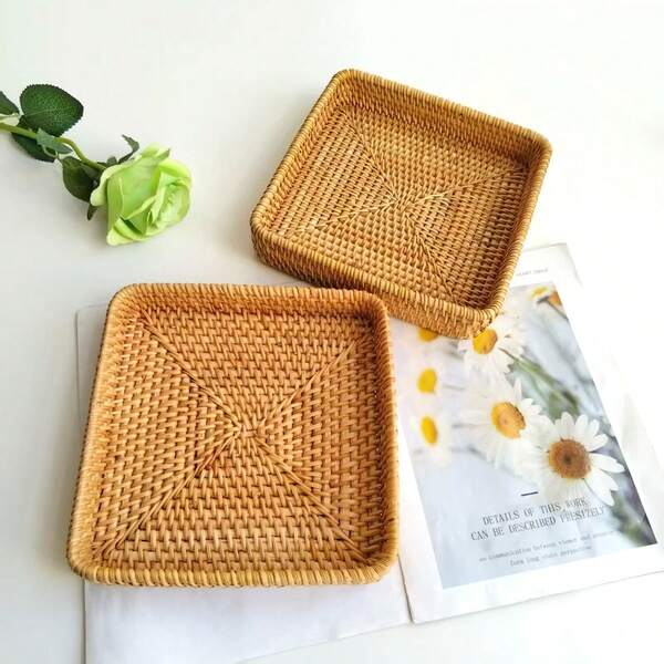 1 peça 8,27" C x 8,27" L x 1,57" A Cesta de armazenamento de vime tecida à mão, organizador de mesa