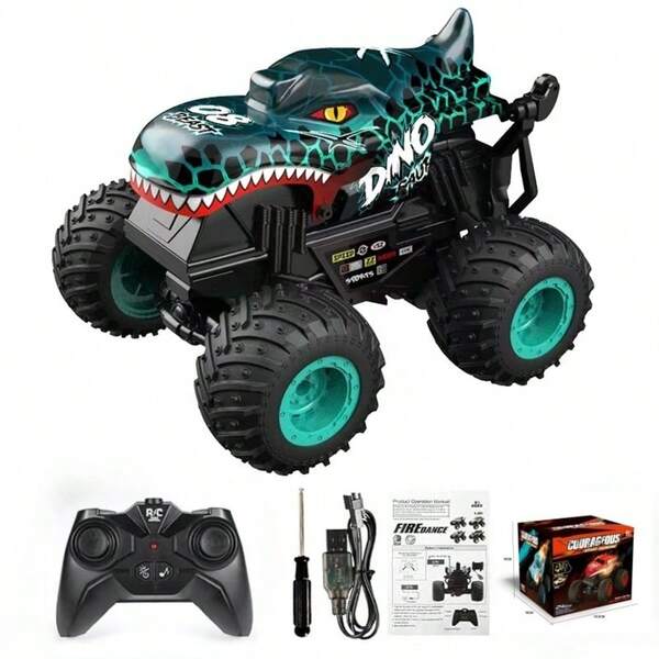 Children's Toys Remote Control Stunt Off-Road Vehicle With Music, Lights, 360° Rotation - Dinosaur, Shark, Triceratops, T-Rex, Monster Truck Design, Rubber Tires, Climbing RC Car, Stress Relief Toy (Requires 2 AA Batteries, Some Accessories Color Random)