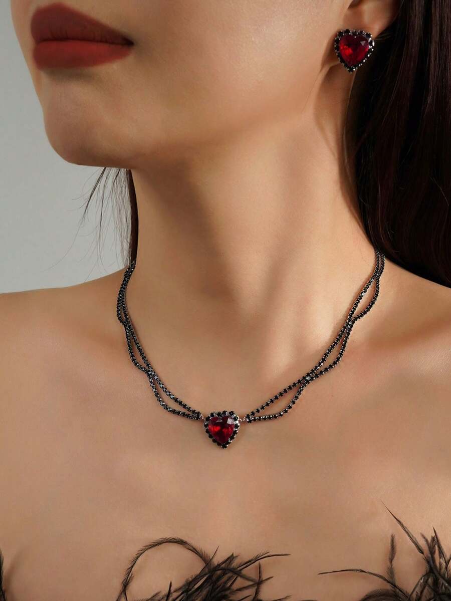 3pcs/Set Heart Shaped Red & Blue Necklace & Earrings Set, Suitable For Women's Party, Birthday, Holiday