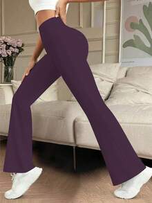 女式纯色喇叭腿打底裤，紧身打底裤，秋冬喇叭裤，适合跑步、休闲、高腰压缩瑜伽裤 - 紫色 - 查看 4