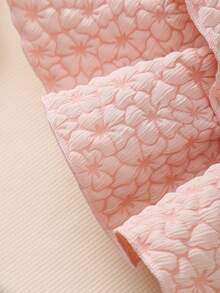 3pcs Baby Girls Set: White Ribbed Bodysuit With Flutter Sleeves, Adjustable Button Floral Layered Dress In Light Pink, And Headband - Baby Pink - View 7