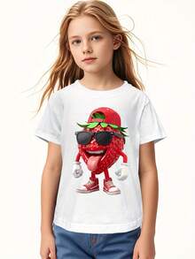 Boys' Funny Strawberry Graphic T-Shirt - Cute Fruit Lover Tee With Red Strawberry, Soft Everyday Shirt For Kids, Birthday Party Outfit Or School Apparel - Toddler & Kids Casual Top, Playful Clothing, Cartoon Character Design, Durable Print Quality, Young Kids Tshirt, Childrens Fashion, Fun Printed Shirt, Soft Knit Material, Round Neck Shirt, Parents Valentine Gifts - trắng - Xem 8