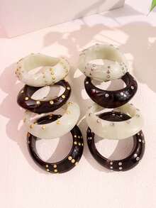 1pc Vintage Asymmetrical Resin Bracelet With Gold/Silver Rivet Buttons, Brown & White Tie Dye, Fashionable & Elegant Thick Jewelry For Women, Suitable For Autumn/Winter - Multicolor - View 9