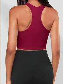 Yefecy Basic Solid Color Ribbed Knit Yoga Sports Bra, Shockproof Gather Wireless Women Sports Bra, Women Sportswear - Màu Đỏ Sâu - Xem 4