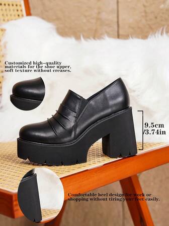 Women's Black Round Toe Elastic Band Stitching Casual Vacation Chunky Heel Waterproof Platform Wedge Shoes