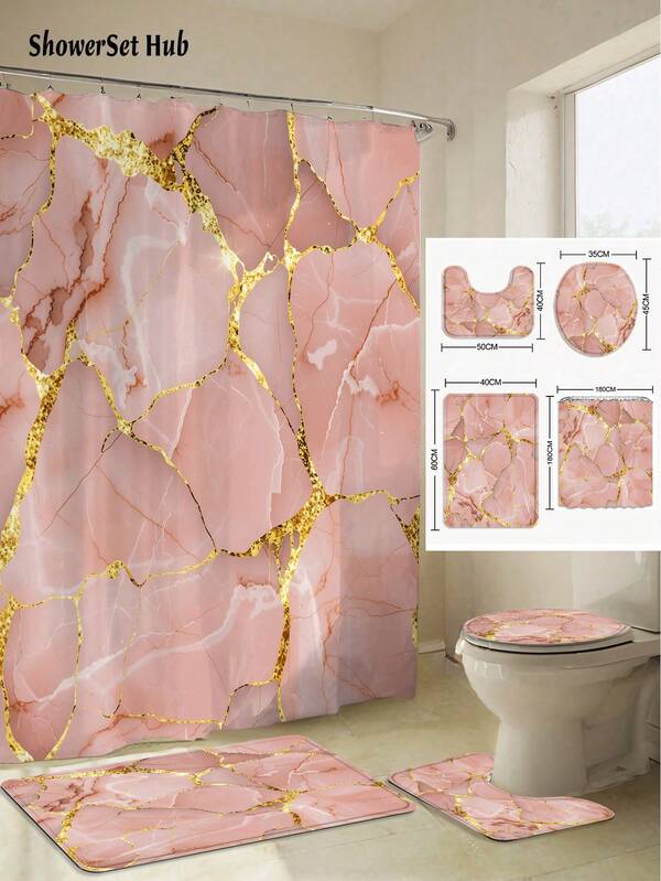 1/3/4pcs Pink Marble Pattern Modern Shower Curtain Bathroom Set, Waterproof And Wear-Resistant Accessories,With 12 Hooks - Includes Toilet Seat Cover, Bath Mats, And Rugs - Non- Polyester Fabric - Washable - Perfect For Holiday Decor,Home/Bedroom/House/Western Decor,
