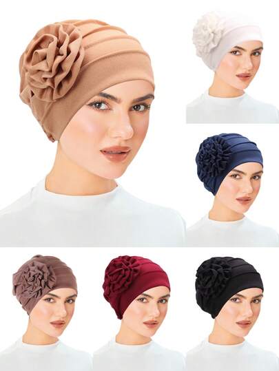 1pc New Side Floral Applique Solid Color Turban Hat, Muslim Women Headscarf Cap, Multiple Colors