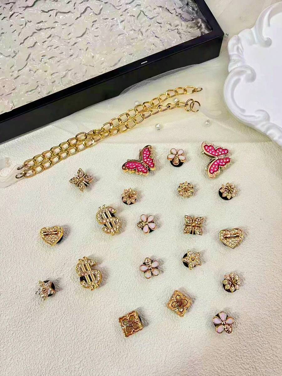 22 szt. DIY Buty ogrodowe, złoty aluminiowy łańcuszek, różowe kryształki, motyl, kwiat, odpinane ozdobne guziki, odpowiednie do obuwia plażowego, butów z wycięciami, prezentów świątecznych, na każdą porę roku