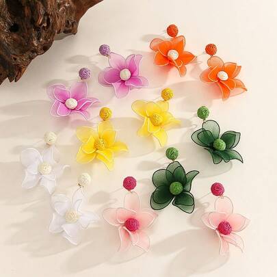 1 Pair Handmade Raffia Flower Layered Mesh Earrings, Suitable For Women's Daily, Party And Holiday Wear, Beach Vacation Style
