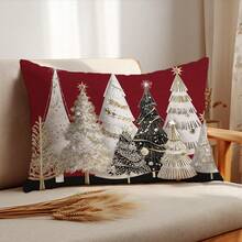 1pc Minimalist Red Background Black & Gold Christmas Tree Pattern Cushion Cover, Soft Peach Velvet Fabric, Single-Sided Printing, Fits 30*50/40*60CM Throw Pillow Insert, Home Bedroom Living Room Holiday Decor, Decorative Pillow Gift, No Pillow Insert - Multicolor - View 8