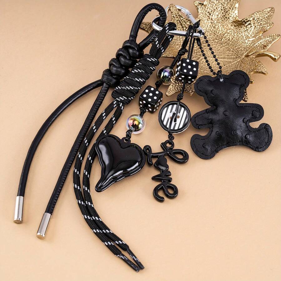 Keychains For Men And Women, Niche High-End Pu Leather Black Bear Love Keychain Pendant, Fashionable And Personalized Hand-Woven Rope Bag Pendant, Car Keychain Accessories, Couple Creative Gift Diy Jewelry Gift Bag Hanging - Multicolor - View 1