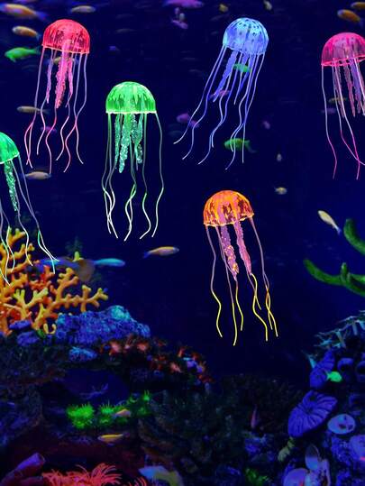 1/6/12pcs Random Color Glow Jellyfish Ornament - Floating Fish Tank Decorations - Glowing Effect Silicone Simulation Jellyfish - Aquarium Decorations(With Suction Cup)