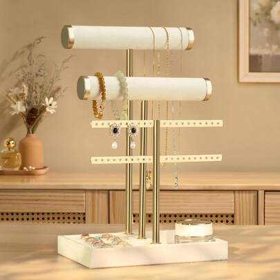 1pc 3 Tier Bracelet Holder Display - Jewelry Storage Rack, Detachable T Bar Beige Velvet Bracelet Holder, Jewelry Holder Organizer For Bracelet, Necklace, Earrings, Rings, Unique Gift For Women, Mom, Jewelry Box