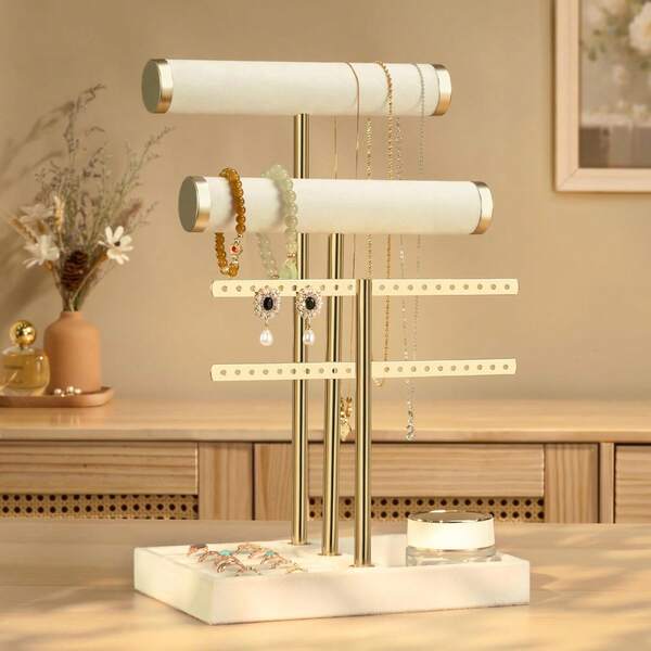 1pc 3 Tier Bracelet Holder Display - Jewelry Storage Rack, Detachable T Bar Beige Velvet Bracelet Holder, Jewelry Holder Organizer For Bracelet, Necklace, Earrings, Rings, Unique Gift For Women, Mom, Jewelry Box