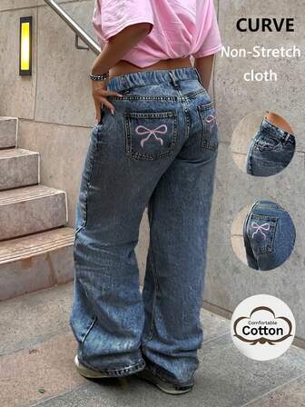 Jeans rectos de mujer con cintura elástica, estampado de lazos y lavado, de estilo casual y de moda Y2K, de diseño callejero europeo y americano, de talla grande