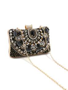 Bolsa de Mão Preta Vintage Bordada com Miçangas para Mulheres, Bolsas de Embreagem de Metal Caixa para Senhoras, Bolsas de Festa de Casamento e Coquetel