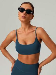 2 PCS CO Ord Set Women's Classic Spaghetti Strap Backless Sports Bra And High Waist Deep V Butt Lift Line Running Fitness Cycling Short - 藍色 - 查看 6