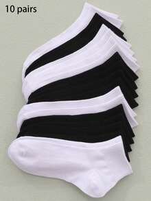 10 双女士多色透气休闲时尚纯色短袜，适合所有季节 - 黑與白 - 查看 7