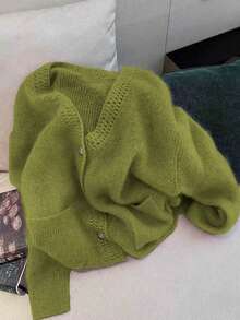 Casual Mohair Solid Color Knit Fabric Button Front Long Sleeve Hollow Sweater, Suitable For Everyday Wear And Dates, Spring/Autumn - Green - View 5