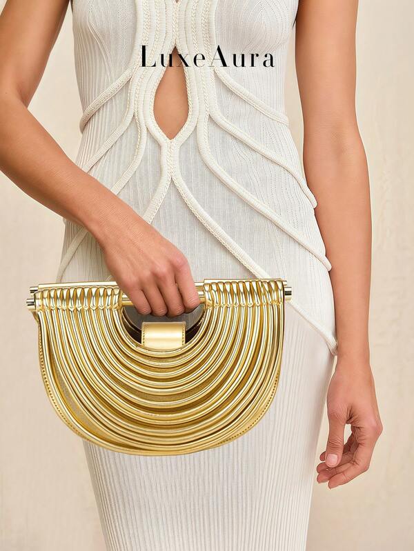 Bolsa de mão elegante em formato de concha com babados metálicos retrô, bolsa leve e luxuosa para festa/casamento