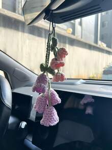 1pc Handmade Crocheted Pink Lily-Of-The-Valley Car Rearview Mirror Decoration - Multicolor - View 3
