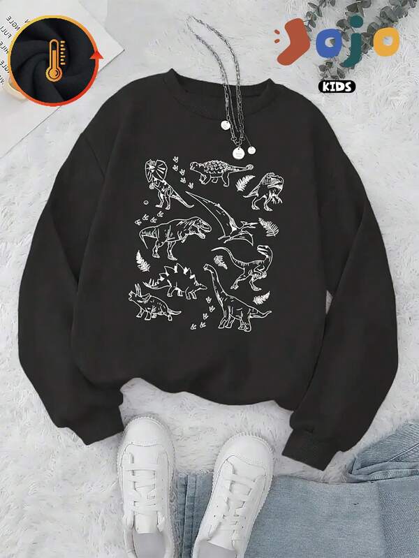 Es werden verschiedene Arten von Dinosaurierskizzen und -mustern gedruckt. Weicher und bequemer, sportlicher Rundhalsausschnitt im minimalistischen, übergroßen College-Stil für Jungen/Mädchen mit Rundhalsausschnitt, hübscher, vielseitiger Street-Langarmkleidung mit Baumwollpullover