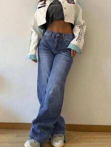 女士复古宽松直筒牛仔裤，休闲春季款 - 藏蓝色 - 查看 4
