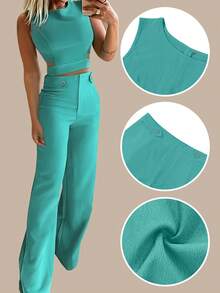 2pcs Women Casual Slim Fit Solid Color Button Design Matching Set - Mint Green - View 2