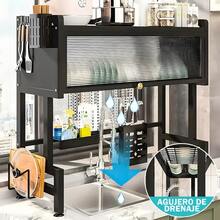 Escurridor de platos con solapa para sobre el fregadero, extensible, para encimera, con cubertero y escurridor, ahorra espacio. Organizador de platos de 3 niveles, cubertero, cesta, tabla de cortar, 6 ganchos (85 x 30 x 80 cm) - Negro - Ver 8