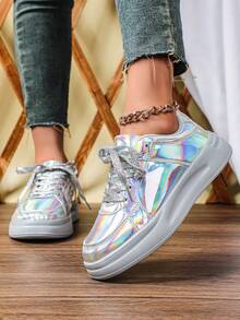 Zapatos casuales de monopatín plateados brillantes y elegantes para mujer, zapatillas deportivas cómodas para exteriores para vacaciones, parejas, fiestas