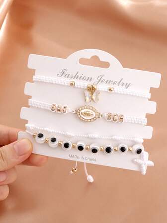 4 יחידות/סט צמידי חרוזים של עין הרע, צמיד ארוג ביד בסגנון אופנתי/רטרו בסגנון צלב מרים הבתולה, מתנות למסיבה דתיות תכשיטי חבל יד (לבן)