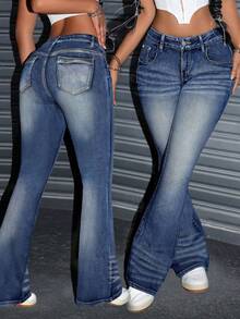 Damen Lässig Everyday gewaschene Denim Schlagjeans, einzigartiges Katzenschnurrbart Taschen Design, geeignet für Party, Essen, Zuhause, Reisen, Halloween, Weihnachten, Silvester Veranstaltungen