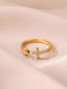 Anéis de aço inoxidável com cruz deslocada de zircônia cúbica minúscula para mulheres, anel ajustável aberto antidesbotamento banhado a ouro 18K, joias com pingente dourado para casamento, acessórios para festas e férias, presentes para ela/mãe/melhores amigas - Aço inoxidável - Ver 15