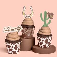 24pcs/Set,Western Cowboy Cupcake Wrappers + Toppers - Rodeo Birthday Cake Decoration,Cow Print Bandana Cupcake Liners Horse Cactus Horseshoe Howdy Picks For Wild West Cowboy Birthday Party Supplies - Multicolor - View 3