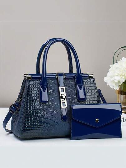 2pcs Set Elegant Crocodile Texture Handbag Tote Bag, Multifunctional Large Capacity Shoulder Bag, Fashionable Design, New Stylish Women Small Square Bag Handbag Shoulder Bag Versatile Casual Large Capacity One Shoulder Crossbody Bag Suitable For Travel Shopping, New Stylish Women's Tote Shoulder Crossbody Bag Versatile Casual Luxury Large Capacity One Shoulder Crossbody Bag