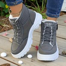 Super Warm Winter Boots - Non-Slip Thick Sole, Polar-Grade Warmth, Low Heel, Round Toe, Solid Color Simple Design, Suitable For Outdoor Hiking, Artificial Leather Upper, PU Sole, Fabric Lining, Hiking Boots - Xám - Xem 10