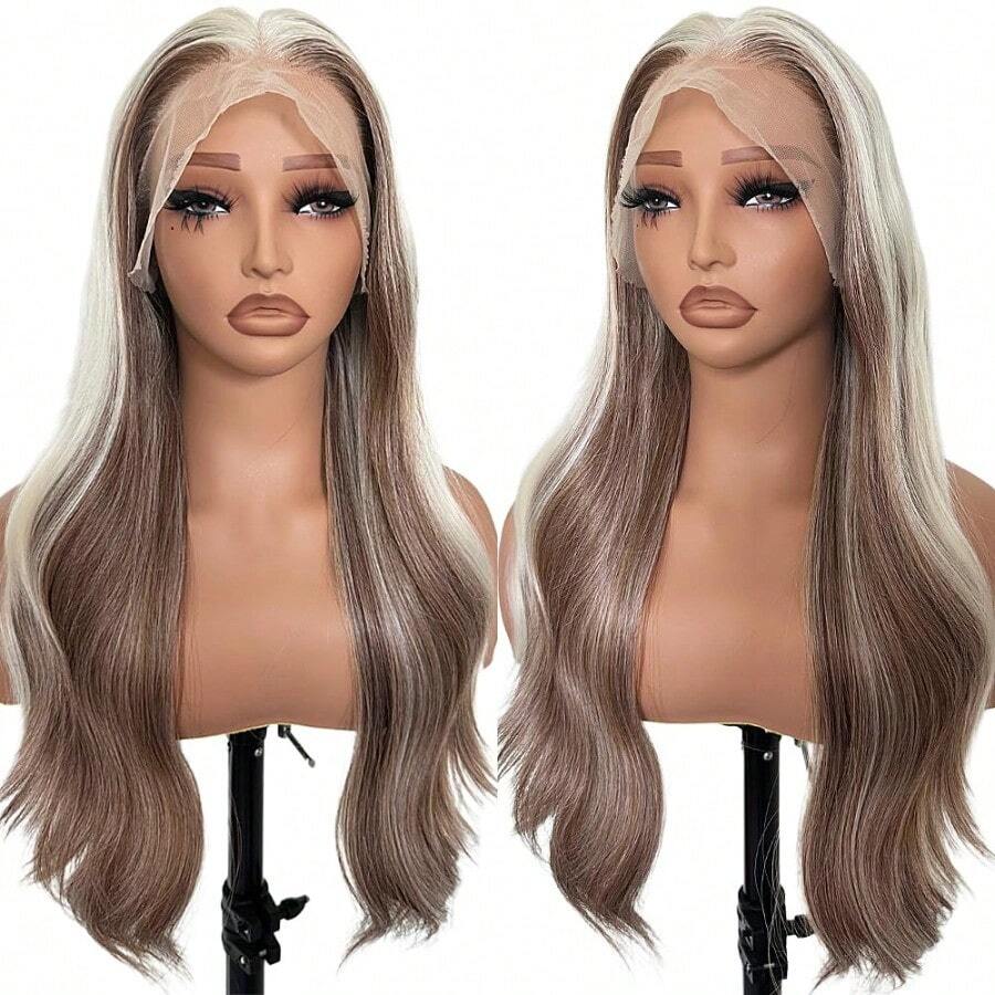 D136 Honey Blonde HD Lace Front Wig Curly Skunk Stripe Synthetic Hair Pre Plucked L Wig Ready To Wear High  Hair For Women10 - 613棕色 - 查看 1