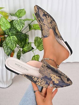 Women's Paisley Pattern Basic Embroidered Pointed Toe Flat Slip-On Shoes, Suitable For Indoor And Outdoor, All Seasons
