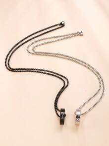 2pcs Fashionable Stainless Steel Couple Hand In Hand Ring & Pendant Necklace Set, Suitable For Daily Wear - Multicolor - View 3