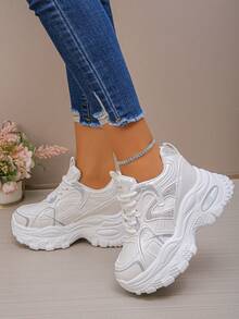 Giày thể thao đế xuồng ngắn mới 2025 dành cho nữ, giày thể thao thường ngày buộc dây màu trắng, giày cao gót đế dày, đa năng - trắng - Xem 5