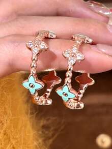 1pc French Retro Luxurious High-End Glazed Rhinestone Four-Leaf Flower Earrings, Fresh And Sweet Floral Design, Versatile For Women's Daily, Festival, Party Wear, Girlfriend/Best Friend Gift (Shipped Without Box And Clip)