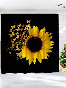 1pc/4pcs Sunflower & Butterfly Shower Curtain Set, Modern Stylish Bathroom Decor, Waterproof Fabric Shower Curtain Set With 12 Hooks, Non-Slip Bathroom Mat, U-Shaped Toilet Mat, Toilet Lid Cover, Bathroom Decoration Christmas Decor - Black - View 8