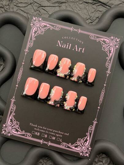 10 Pieces Of Y2K Style Nail Set, Black French Tips Inlaid With Colorful Accessories Like Flowers And Crosses, Reminiscent Of Neon Lights In A City At Night. Acrylic Press-On Nails, Suitable For Women And Girls For Parties, Everyday Wear, And As Gift Nail Supplies.