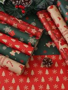 9 pièces/4 pièces Papier cadeau de Noël rétro et dessin animé réutilisable avec motifs d'arbres, de rennes et de flocons de neige. Couleurs vibrantes pour la décoration festive de la maison, l'emballage de cadeaux et les artisans saisonniers. Impressions de haute qualité