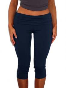 Fold Over Capri Yoga Pants For Women Low Rise Knee Length Stretch Leggings Summer Cute Going Out Crop Pants Streetwear - Màu xanh lam - Xem 2