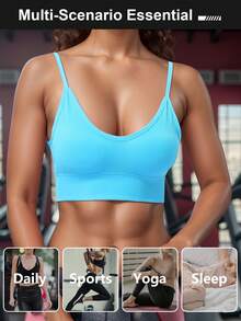 1 件经典罗纹高弹力瑜伽运动文胸，防震无缝健身背心，可调节肩带，露背透气 - 淺藍色 - 查看 6