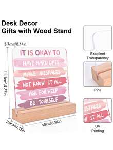 1pc It's Okay Acrylic Block With Wooden Base – Clear Freestanding Quote Sign, Pink Brushstroke Affirmations For Desk, Study Or Counseling Room | Home Decor, Teacher Gifts, Encouragement, Inspirational, Birthday Gift, Christmas Gifts Room Decor Ornaments Home Miniature Things - Pink - View 2