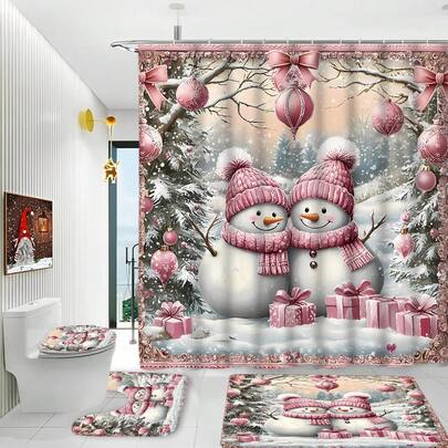 圣诞雪人浴帘套装，带防滑浴垫、U 型马桶盖和涤纶地毯 - 防水冬季浴室装饰，带 12 个挂钩，可机洗，时尚窗帘，无衬里 - 节日圣诞礼物，粉色设计