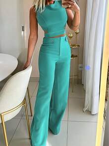2pcs Women Casual Slim Fit Solid Color Button Design Matching Set - Mint Green - View 3
